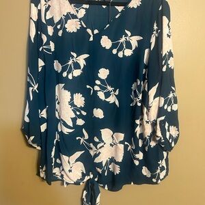 Chic Floral V-Neck Blouse in Teal and White